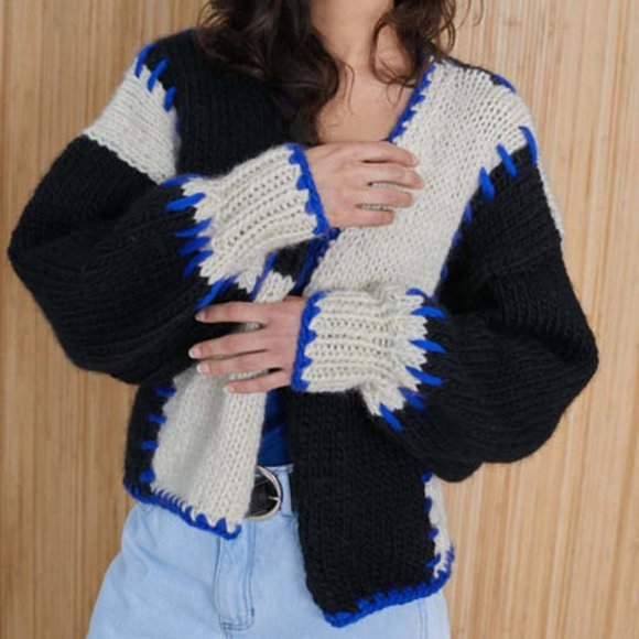 Rujuta Sheth Misha Hand Knit Cardigan - Cloud/Black - Picture 1 of 15